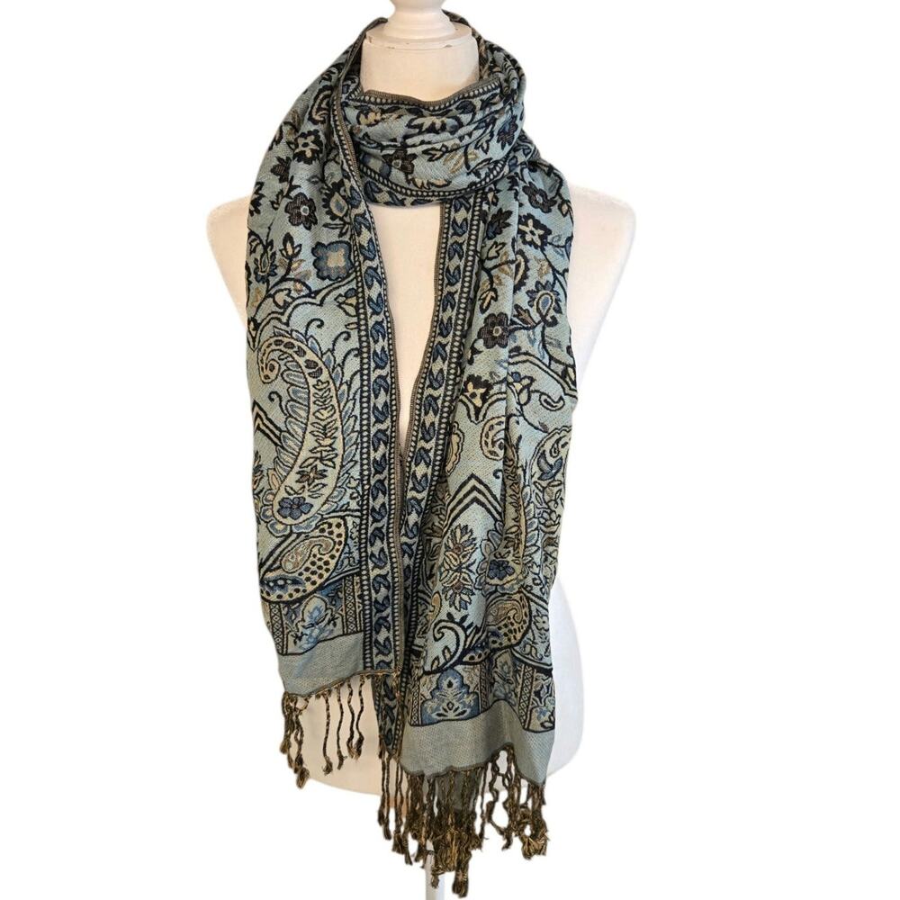 Pashmina Scarf Blue Gold Floral Fringe Shawl Wrap Head Cover Boho 27" x 72"
